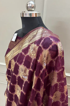 Purple Golden Zari Organza Silk Banarasi Saree