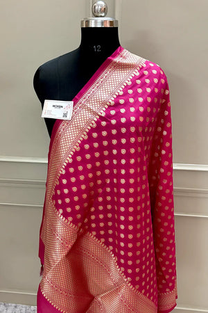 Rani Pink Golden Zari Katan Silk Banarasi Dupatta