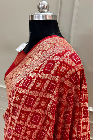 Red Bandhej Georgette Silk Banarasi Saree