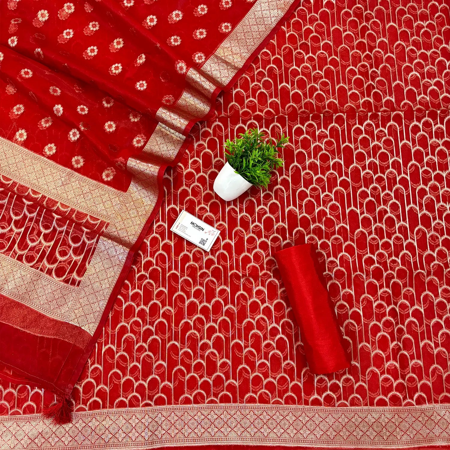 Red Cactus Jaal Organza Silk Banarasi Suit