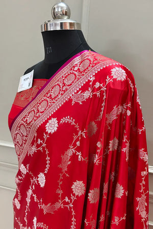 Red Makra Jaal Katan Silk Banarasi Saree