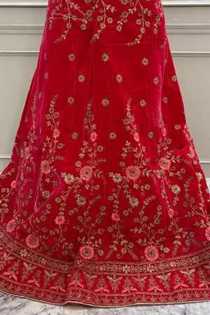 Red and Firozi Zariwork Semi Stitched Velvet Lahenga
