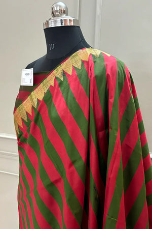 Red and Green Stripe Plain Satin Silk Banarasi Saree
