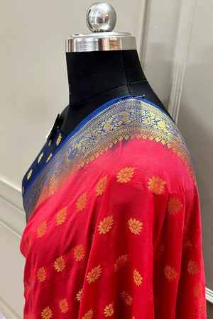 Red and Navy Blue Golden Zari Silky Banarasi Saree