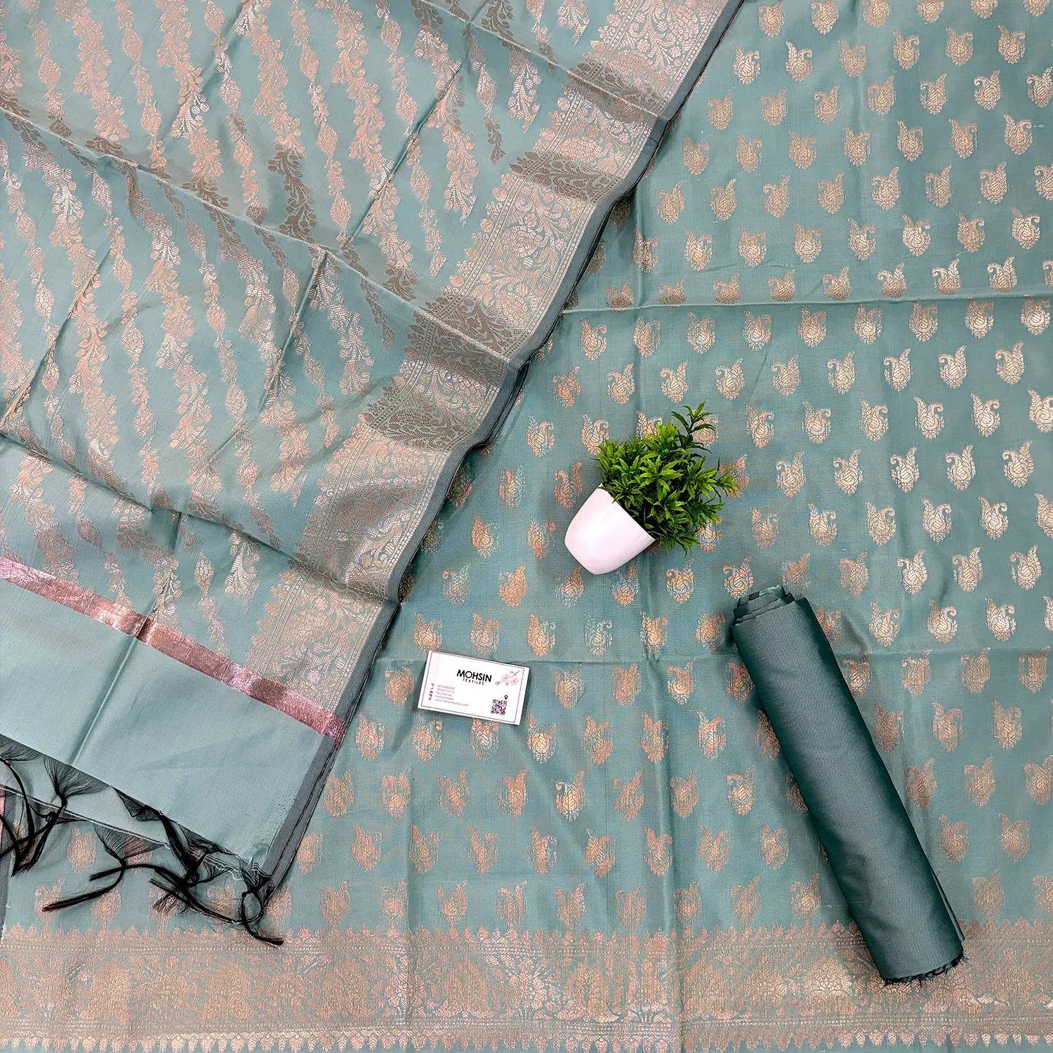 Sea Green Chirag Buti Satin Silk Banarasi Suit