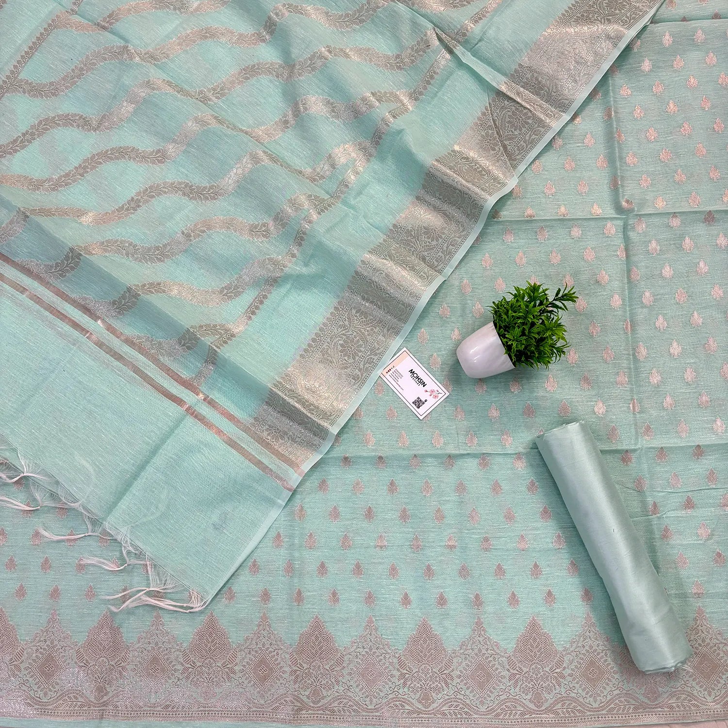 Sea Green Golden Zari Linen Silk Banarasi Suit