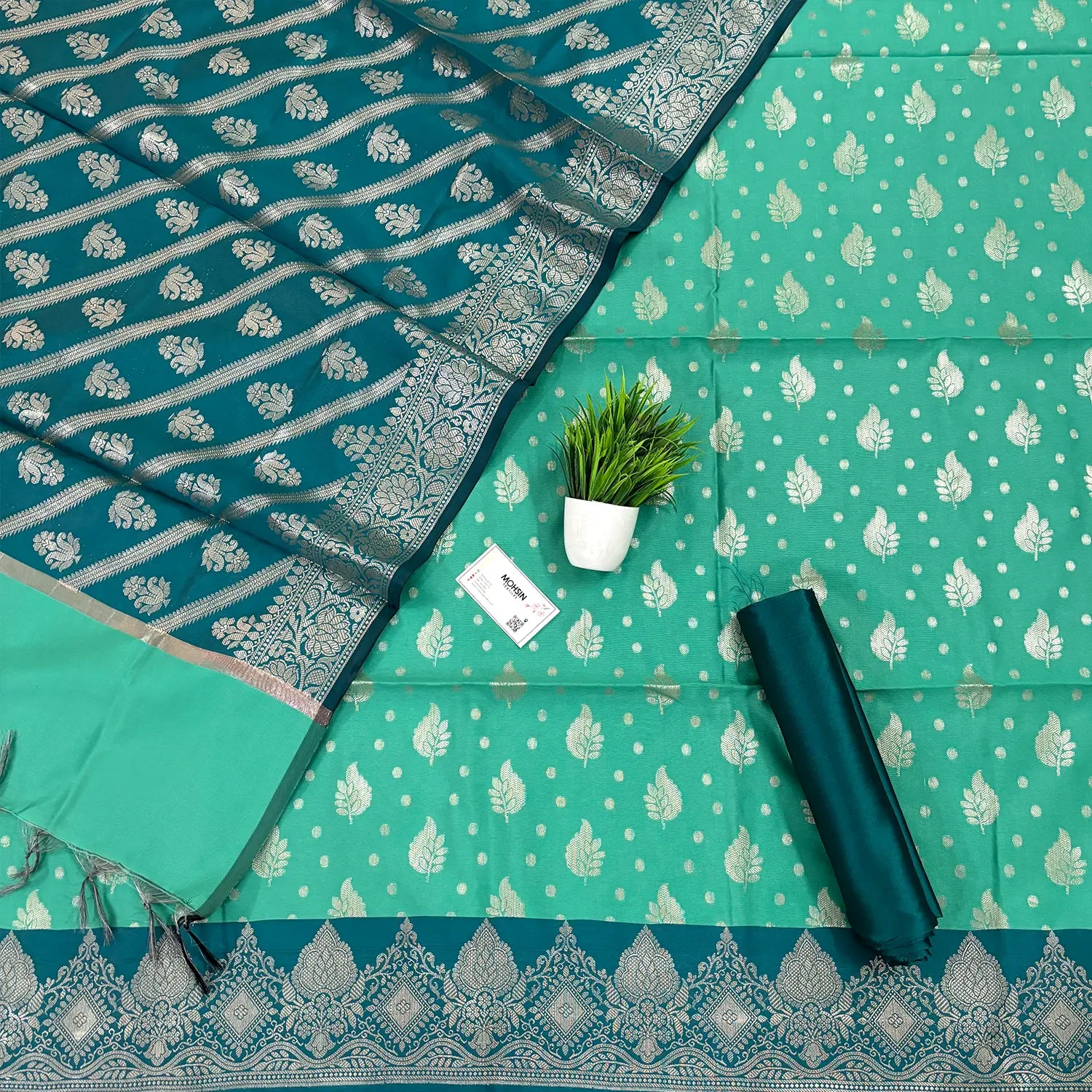 Sea Green and Teal Pankh Buti Satin Silk Banarasi Suit