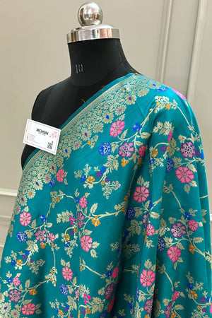 Teal Golden Zari Katan Silk Banarasi Dupatta