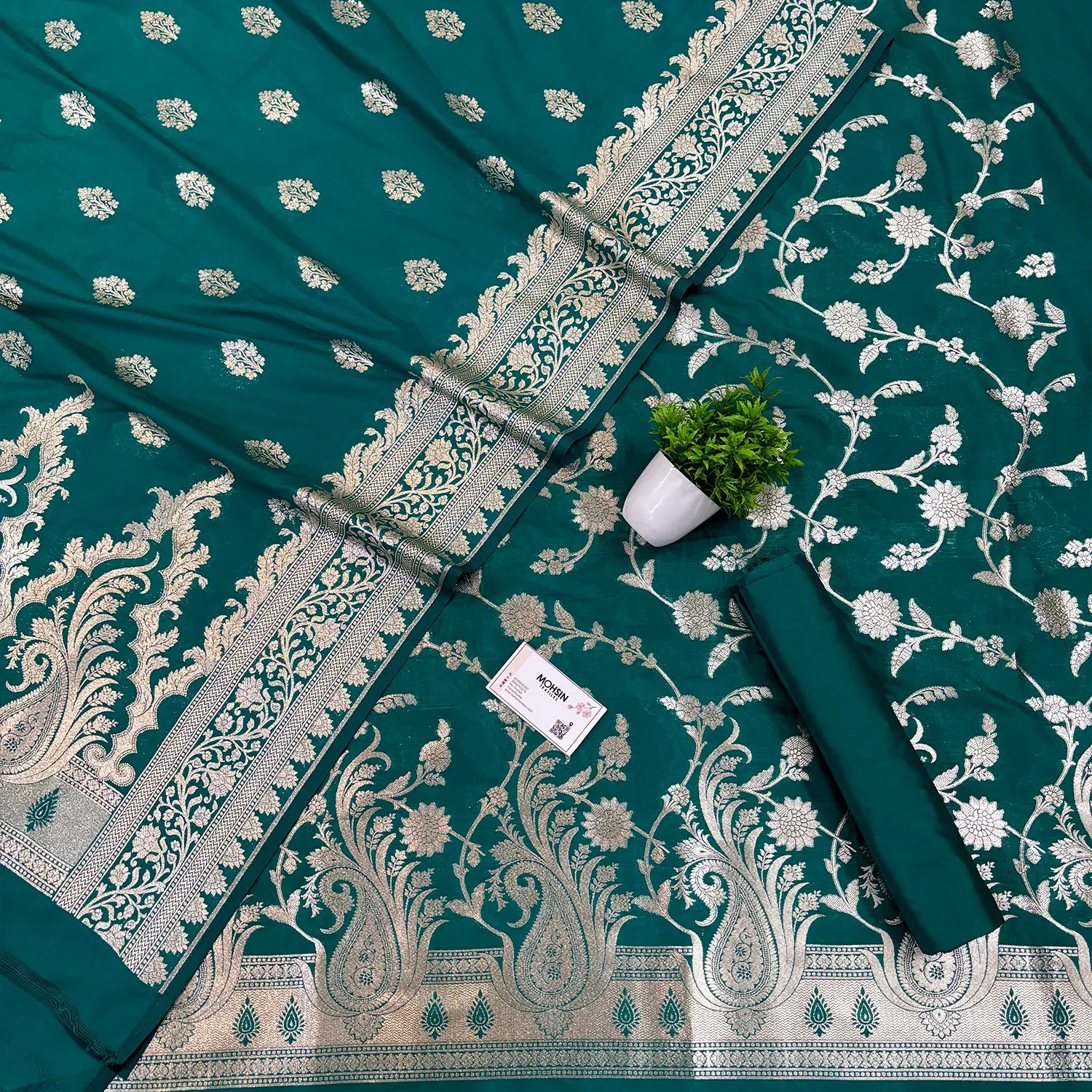 Teal Golden Zari Katan Silk Banarasi Suit