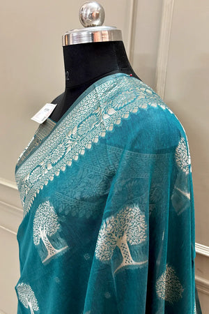 Teal Resham Zari Cotton Silk Banarasi Saree