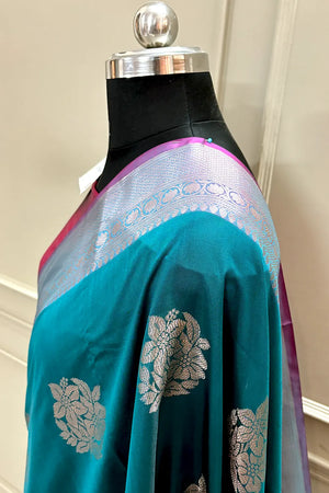Teal and Pink Golden Zari Banarasi Silk Saree
