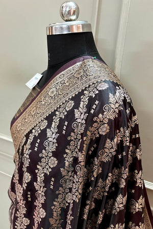 Wine Golden Zari Katan Silk Banarasi Saree