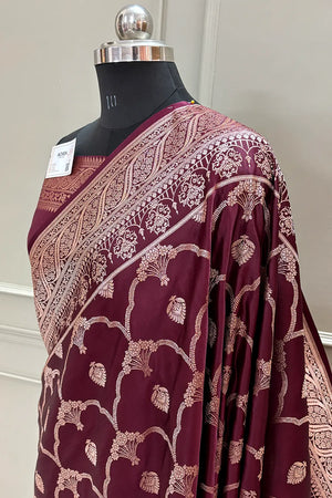 Wine Mughal Mehrab Katan Silk Banarasi Saree