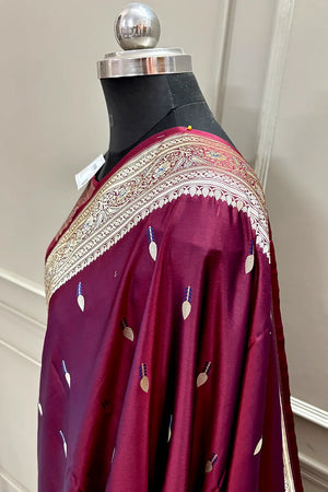 Wine Tilak Buti Katan Silk Banarasi Saree