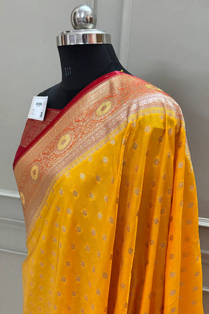 Yellow and Maroon Makkhi Buti Katan Silk Banarasi Saree