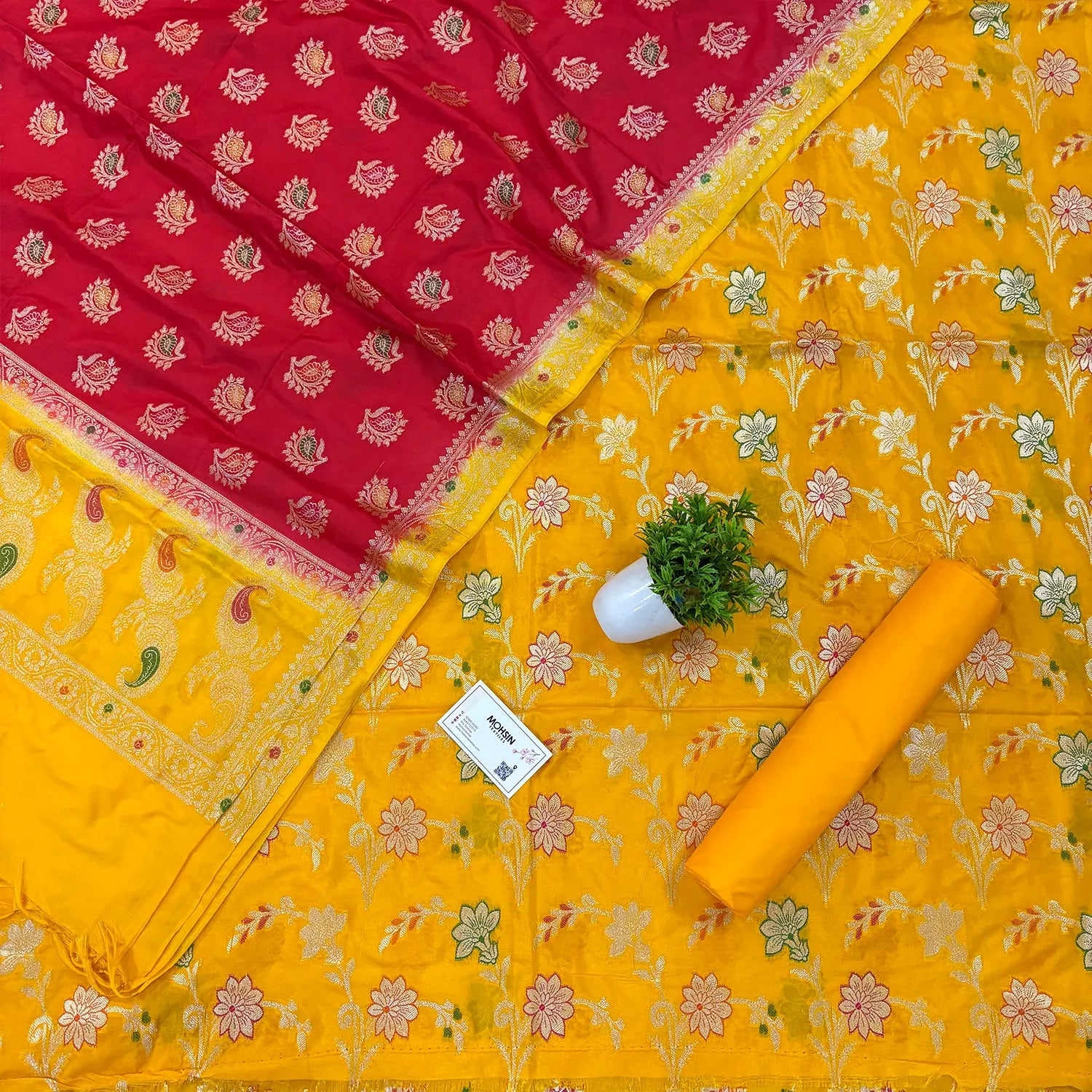 Yellow and Red Golden Zari Katan Silk Banarasi Saree