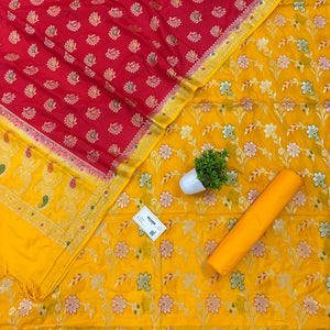 Yellow and Red Golden Zari Katan Silk Banarasi Saree