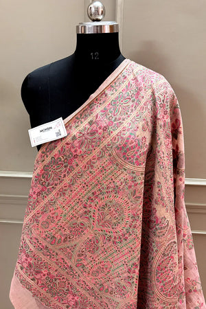 Baby Pink Printed Linen Silk Banarasi Saree