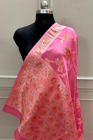 Baby Pink Rosy Jaal Georgette Silk Banarasi Saree