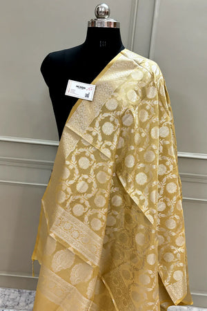 Beige Golden Zari Katan Silk Banarasi Dupatta