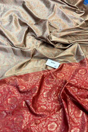 Beige and Maroon Antique Zari Silky Banarasi Saree