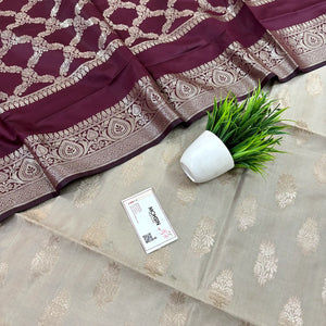 Beige and Red Phooldaan Buti Satin Silk Banarasi Suit