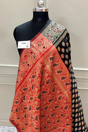Black and Red Resham Zari Silky Banarasi Saree