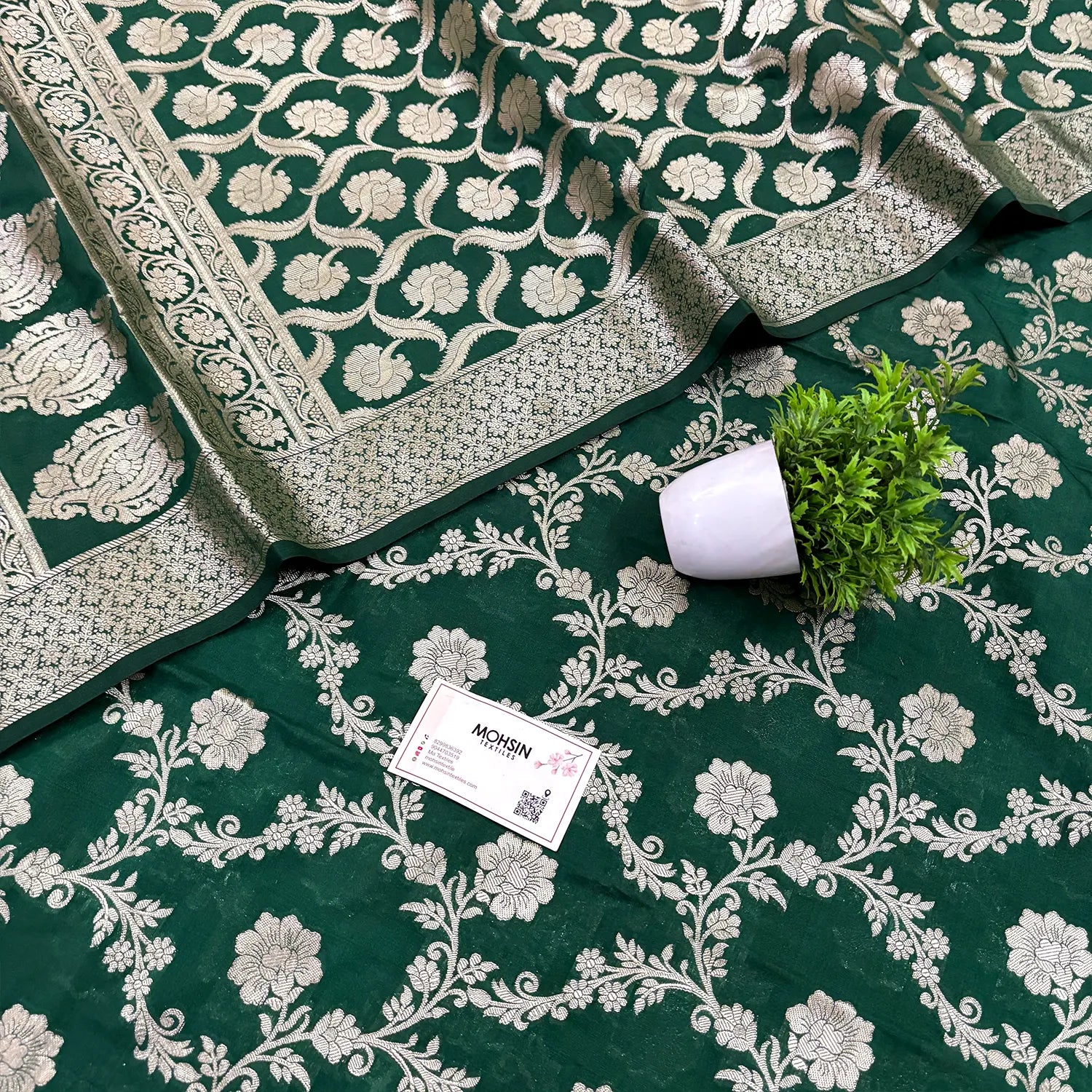 Bottle Green Kashmiri Jaal Katan Silk Banarasi Suit