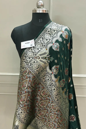 Bottle Green Pangi Buti Katan Silk Banarasi Saree