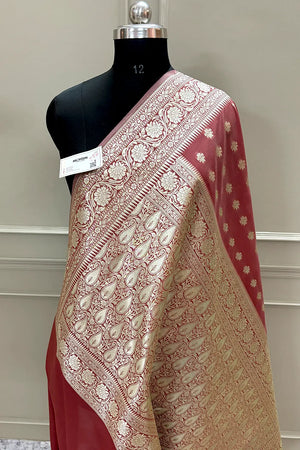Dusty Wine Golden Zari Crepe Silk Banarasi Saree