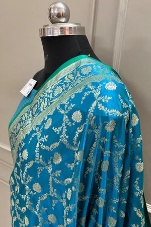Firozi Chandramukhi Jaal Katan Silk Banarasi Saree