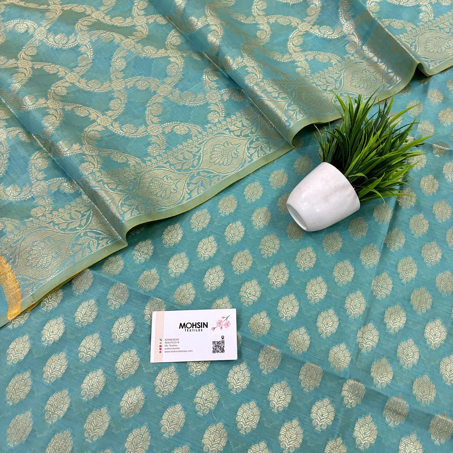 Firozi Golden Zari Resham Silk Banarasi Suit