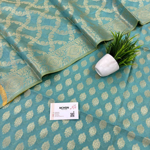 Firozi Golden Zari Resham Silk Banarasi Suit