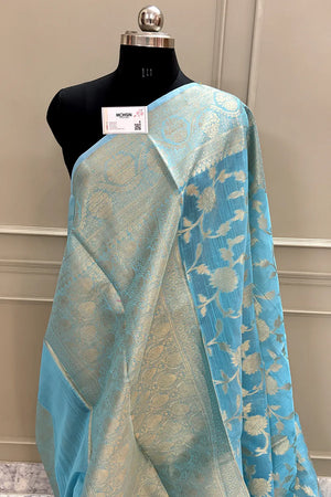 Firozi Lotus Jaal Chanderi Silk Banarasi Saree
