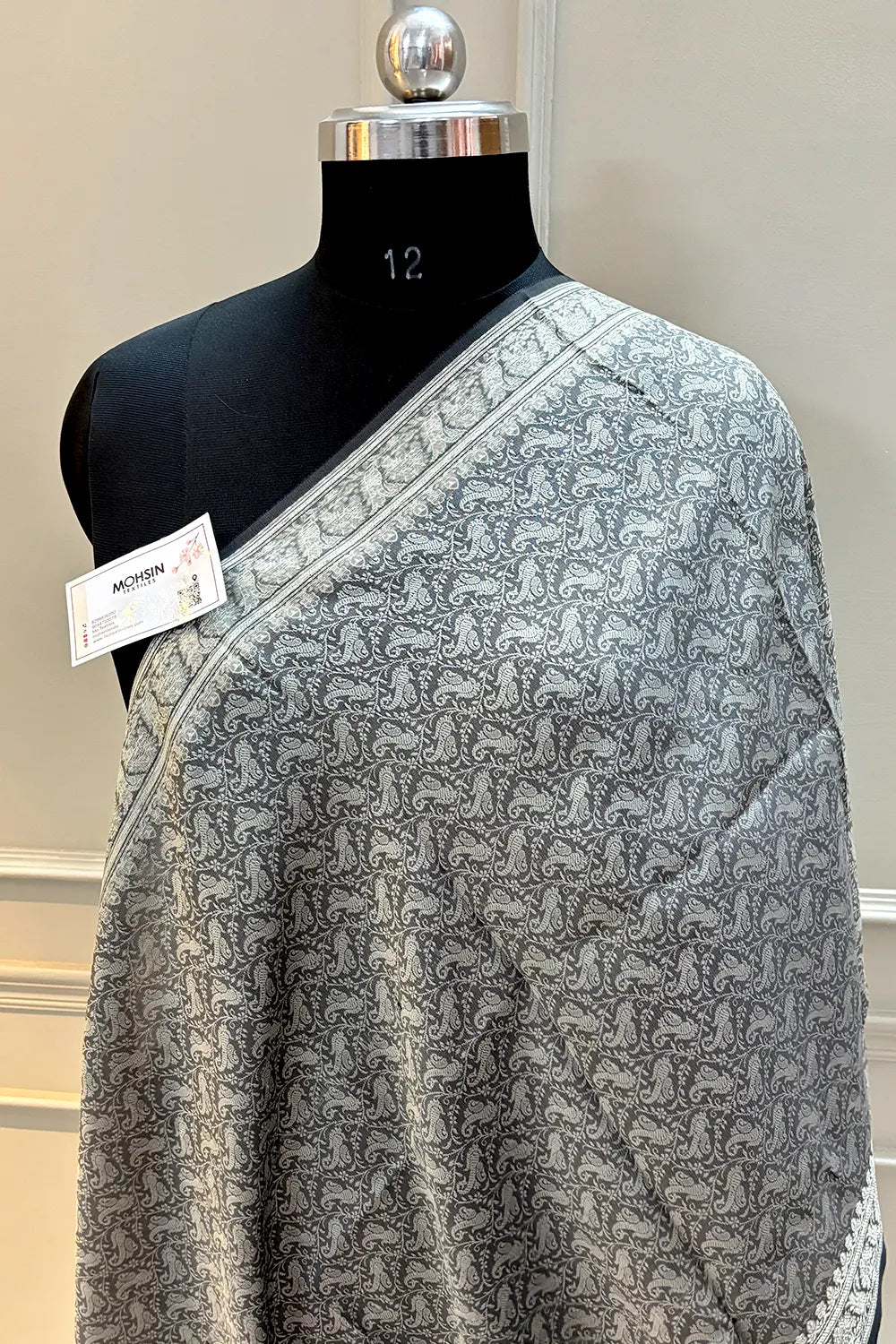 Grey Resham Zari Silk Banarasi Stole