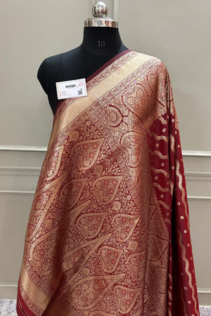 Maroon Golden Zari Katan Silk Banarasi Saree
