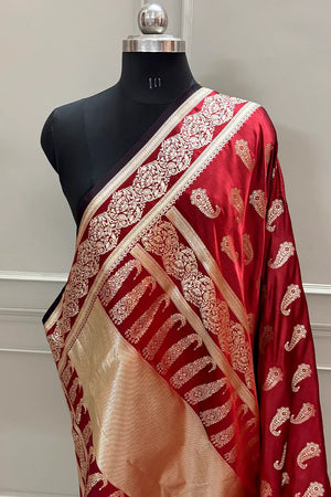Maroon Unicorn Buti Katan Silk Banarasi Saree