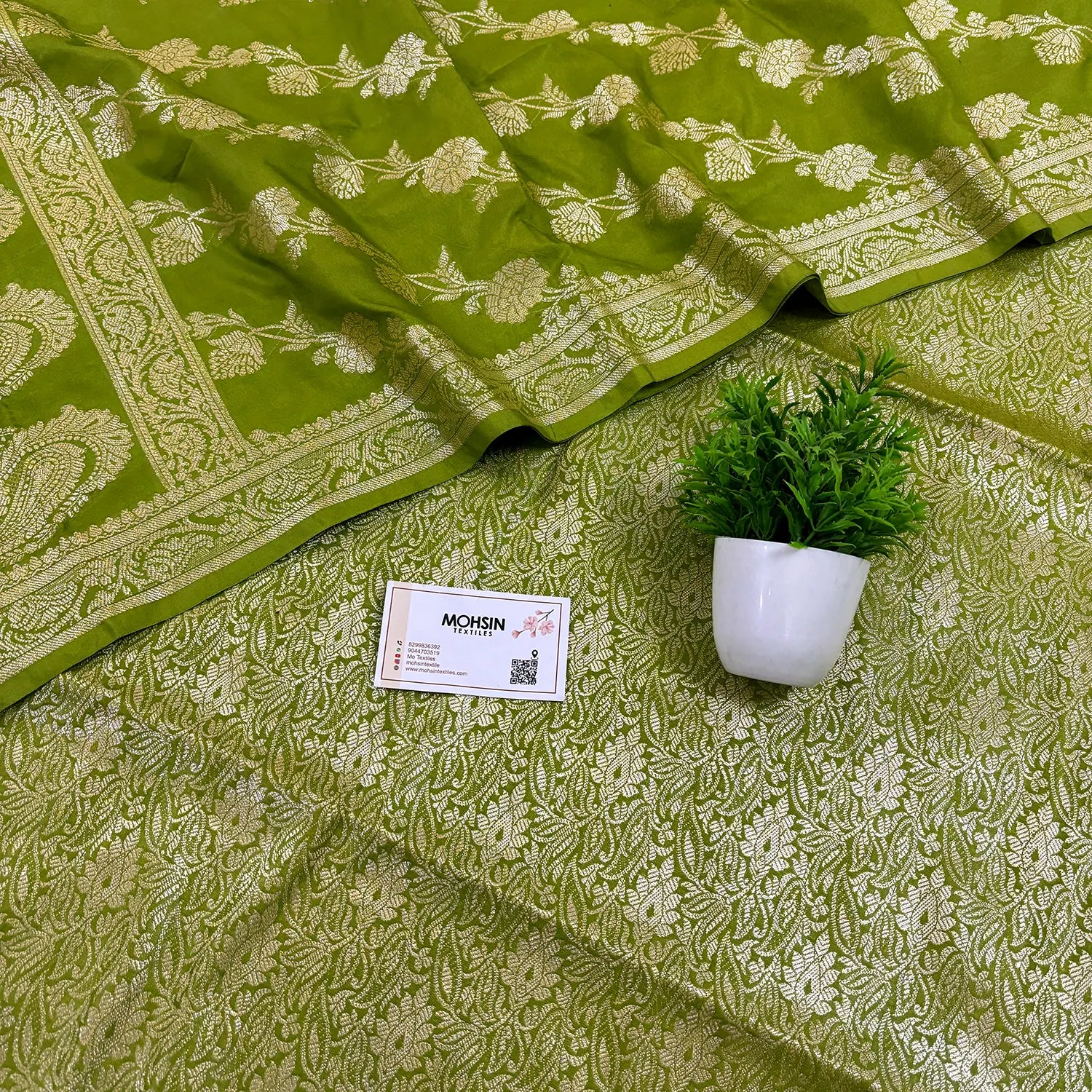 Mehendi Golden Zari Katan Silk Banarasi Suit