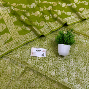 Mehendi Golden Zari Katan Silk Banarasi Suit