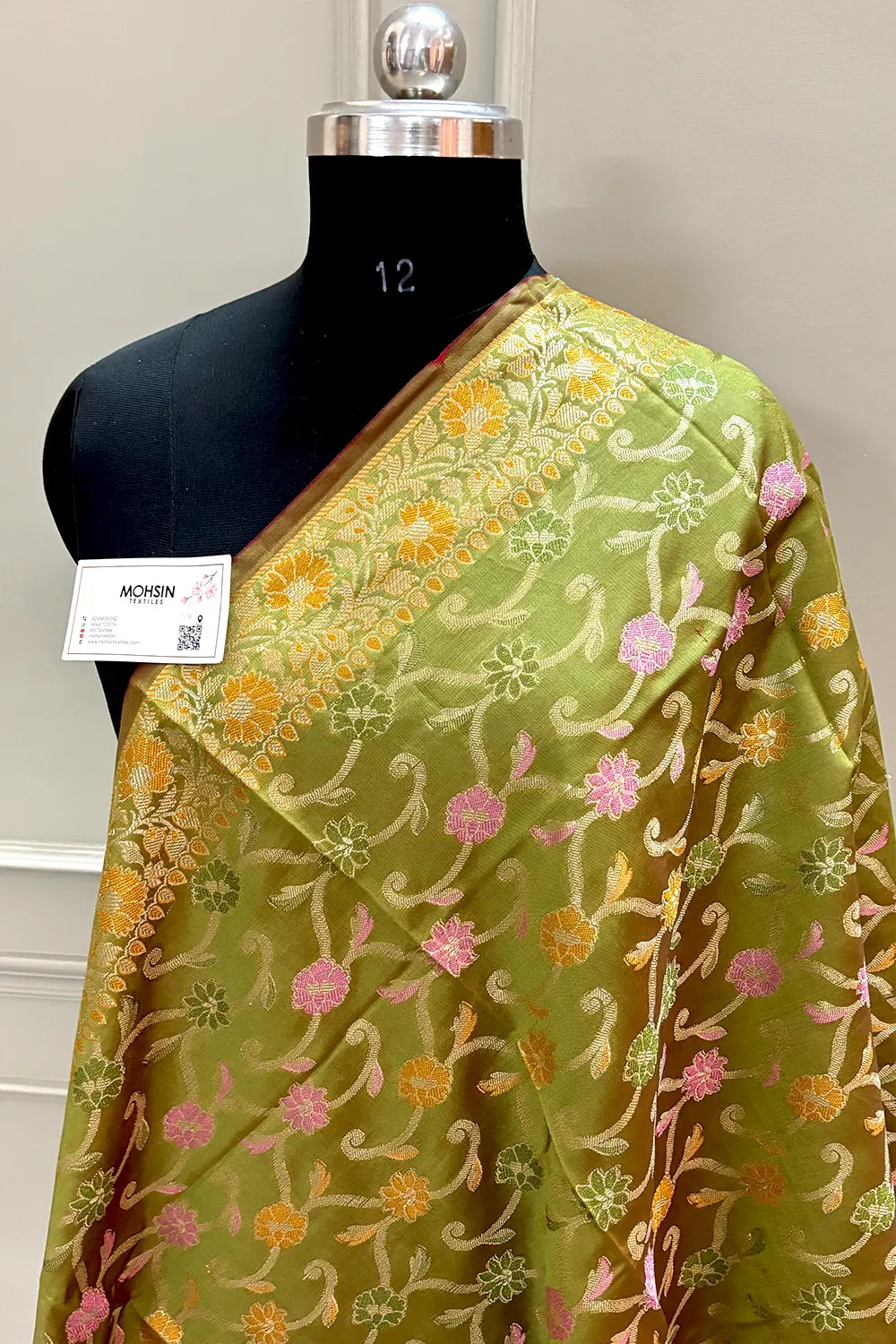 Mehendi Zari Meena Cotton Silk Banarasi Dupatta