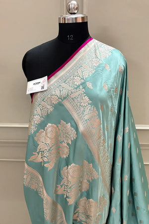 Mint Green Aatari Buti Katan Silk Banarasi Saree