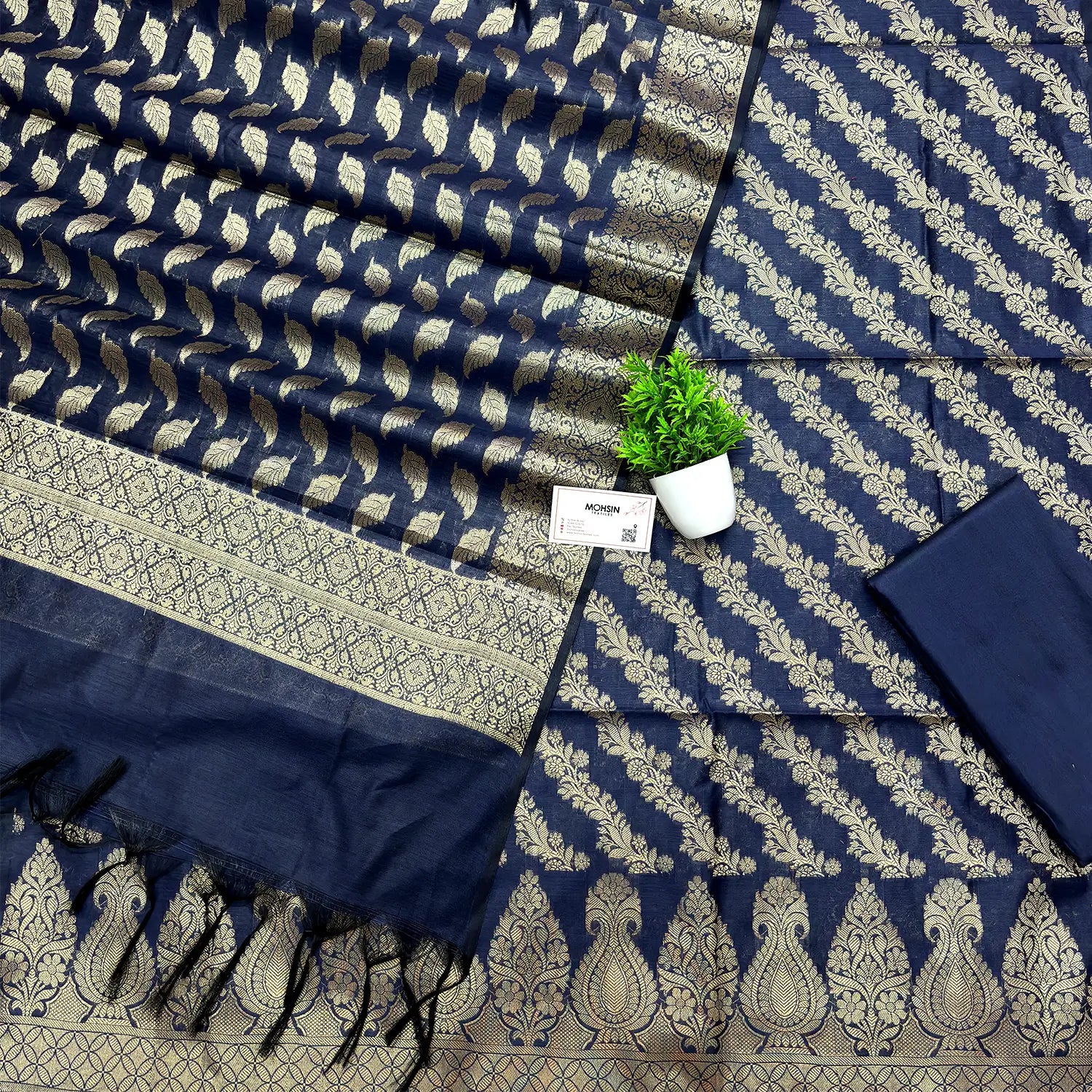 Navy Blue Golden Zari Banarasi Silk Suit