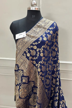 Navy Blue Golden Zari Georgette Silk Banarasi Saree