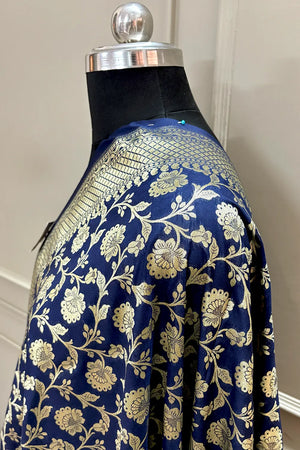 Navy Blue Golden Zari Katan Silk Banarasi Dupatta