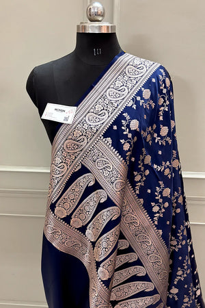 Navy Blue Nafis Jaal Katan Silk Banarasi Saree