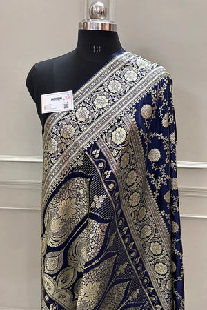 Navy Blue Pankhuri Jaal Katan Silk Banarasi Saree