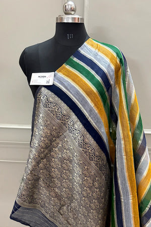 Navy Blue and Multi Resham Zari Cotton Silk Banarasi Saree