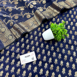 Navy Blue Rocket Buti Satin Silk Banarasi Suit