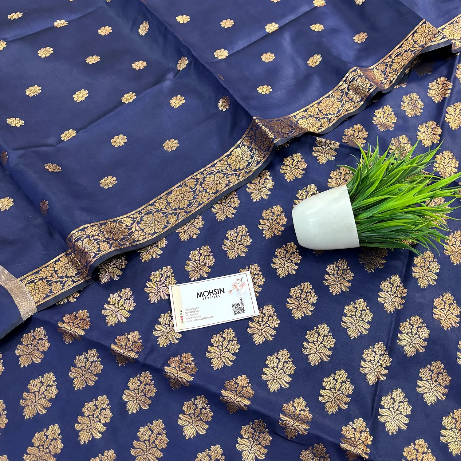 Navy Blue Tri Phool Satin Silk Banarasi Suit
