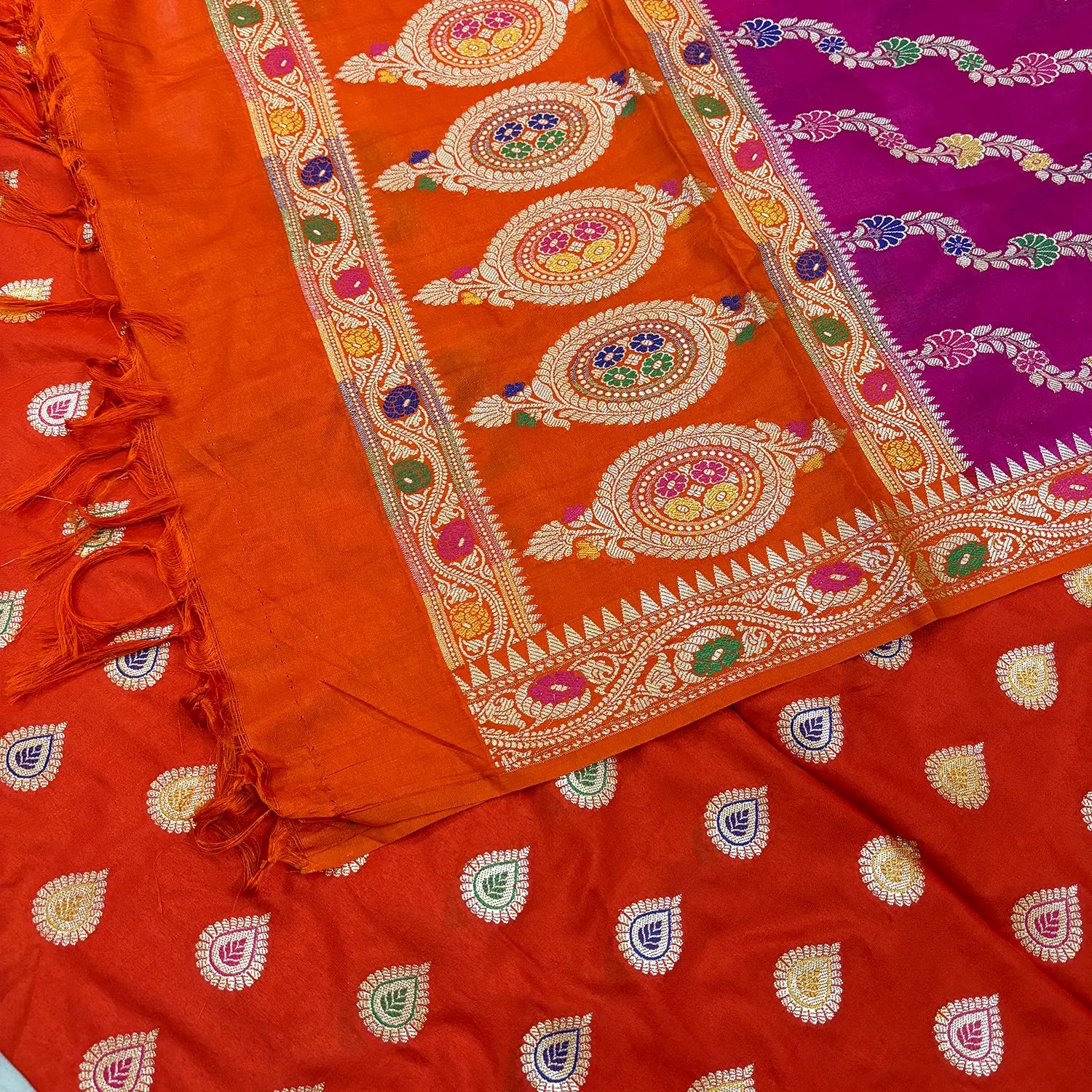 Orange and Pink Golden Zari Katan Silk Banarasi Suit